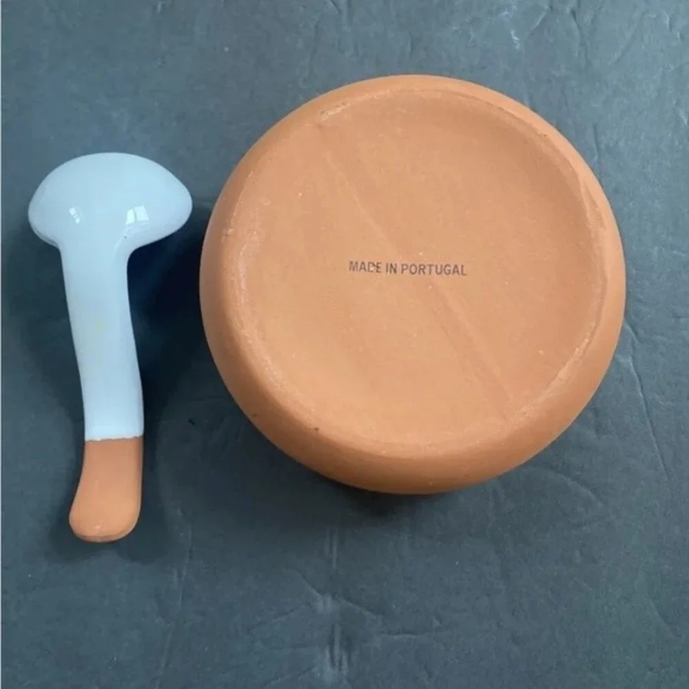 Terra Cotta Salsa Bowls with Spoon ladle White Brown Made in Portugal New No Box